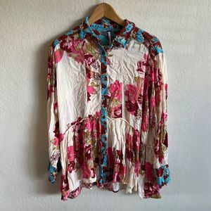 Free People Floral Button Down Shirt - Pink, Blue, Cream